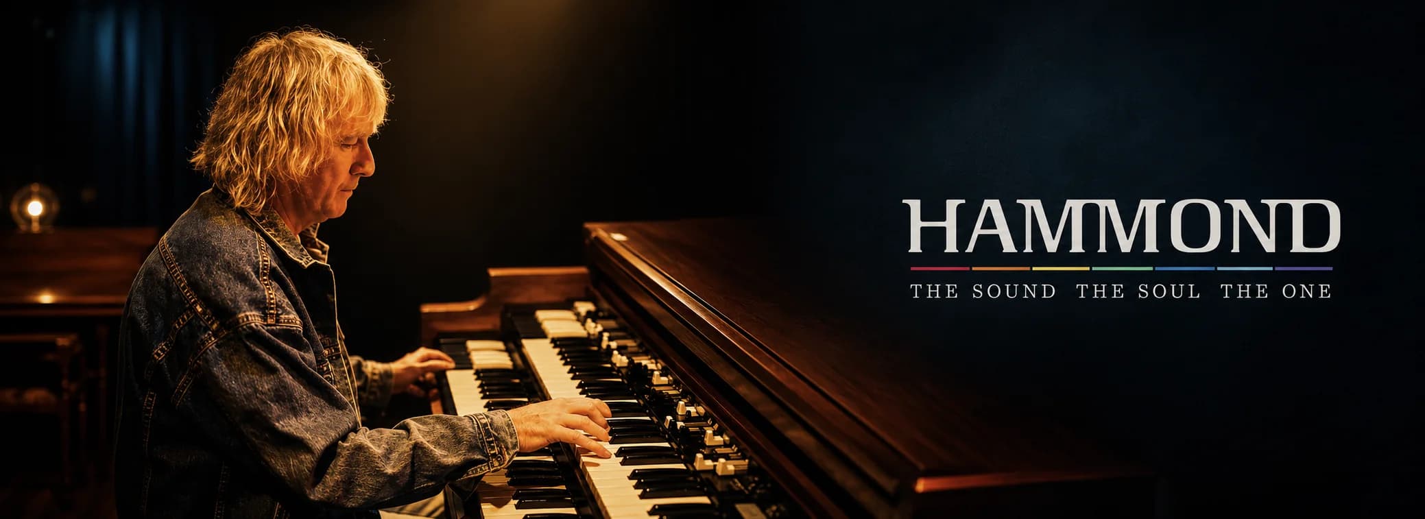 Eddie Stone playing a Hammond B3 organ, with the official Hammond logo and tagline The Sound The Soul The One